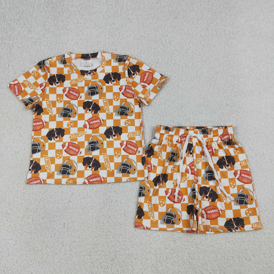 RTS Baby Girls Kids Short Sleeves Dogs Football Orange Checked Shirt Shorts Team Clothes