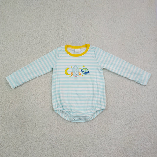Baby Boys Infant Long Sleeves Blue Stripes Embroidery Bubble Romper Clothes