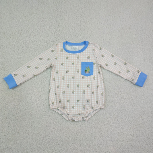 Baby Boys Infant Long Sleeves Embroidery Ducks Plaid Pocket Romper Clothes