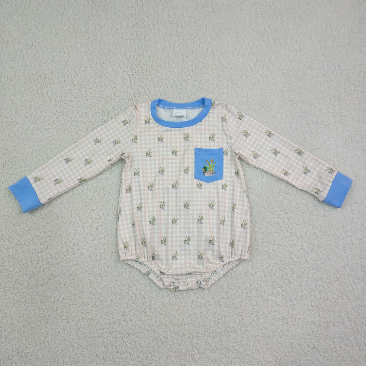 Sibling Baby Boys Long Sleeves Embroidery Ducks Deer Pockets Plaid Bubble Rompers