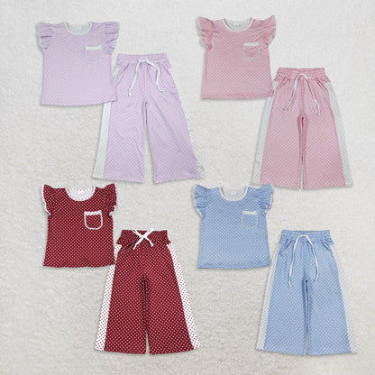Sibling Baby Girl Kids Short Sleeves Pockets Shirts Dots Pants Sets Clothes