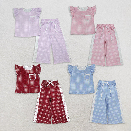 Sibling Baby Girl Kids Short Sleeves Pockets Shirts Dots Pants Sets Clothes