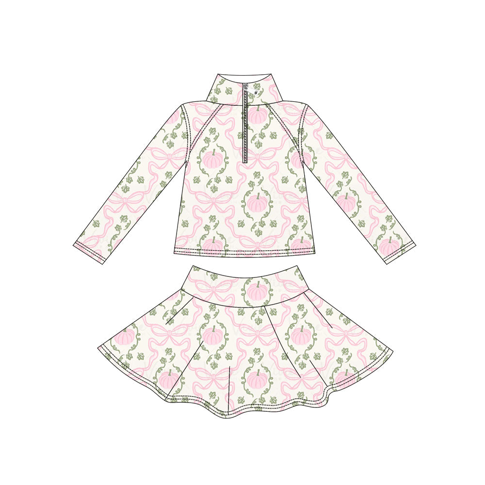 Preorder ( Moq 5 ) Baby Girls Kids Pink Pumpkins Bows Zipper Shirt Skirt Shorts Yoga Active Set Fall Clothes