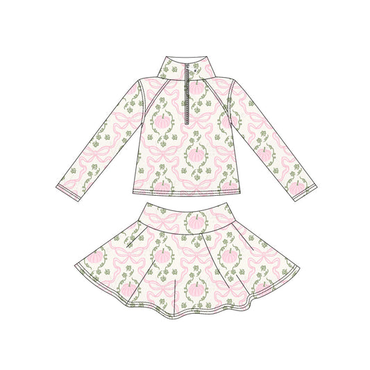 Preorder ( Moq 5 ) Baby Girls Kids Pink Pumpkins Bows Zipper Shirt Skirt Shorts Yoga Active Set Fall Clothes
