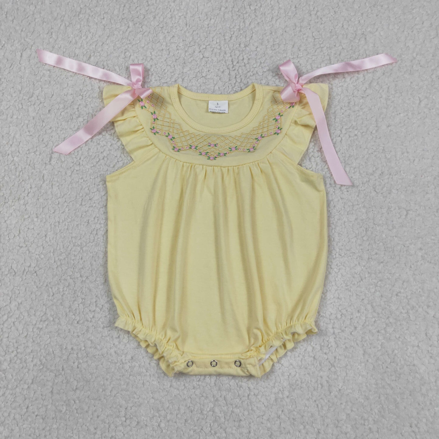 Baby Girls Infant Short Sleeves Embroidery Floral Bows Summer Bubble Yellow Romper