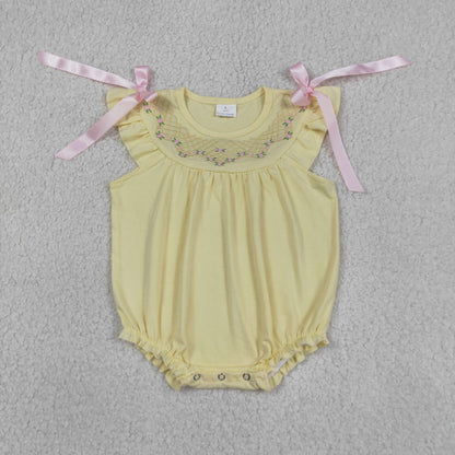 Baby Girls Infant Short Sleeves Embroidery Floral Bows Summer Bubble Yellow Romper