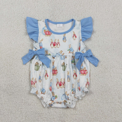 RTS Baby Girls Short Sleeves Rabbits Bows Tunic Blue Shorts Easter Clothes Set