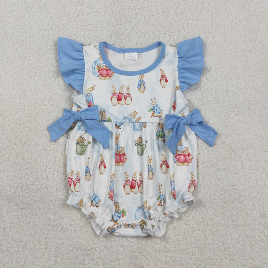 RTS Baby Girls Short Sleeves Rabbits Blue Bows Easter Bubble Romper