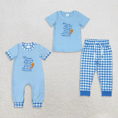 Sibling Baby Boys Kids Short Sleeves Embroidery Rabbits Carrots Romper Set Blue Clothes