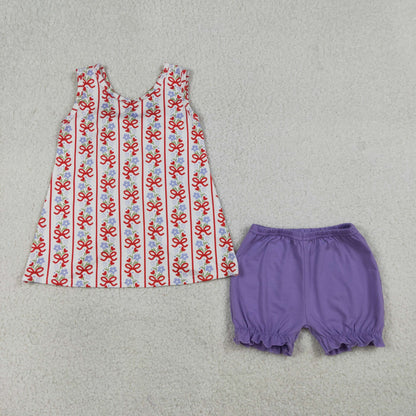 RTS Baby Girls Kids Sleeveless Flower Bows Hearts Tunic Purple Shorts 4th of July Set