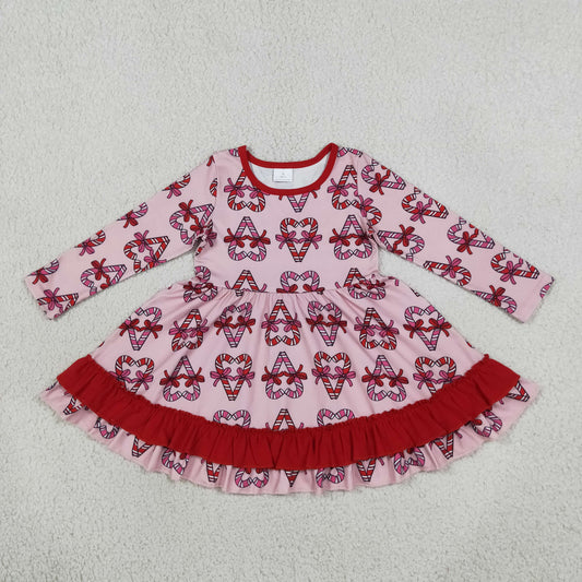 Baby Girls Kids Long Sleeves Christmas Candy Cane Bows Knee Length Dress