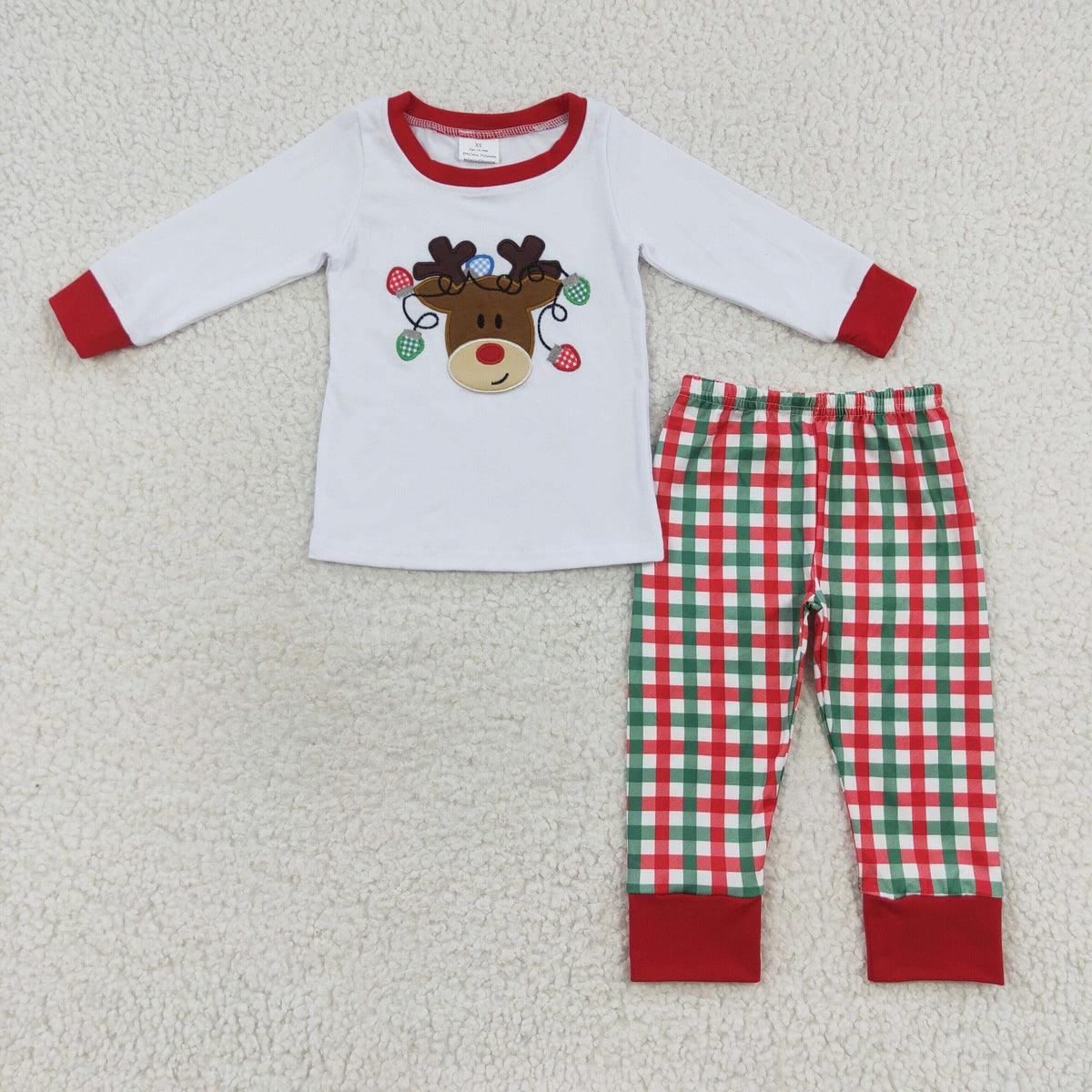Promotion Baby Kids Christmas Embroidery Deer Long Sleeves Pants Outfit Pajamas