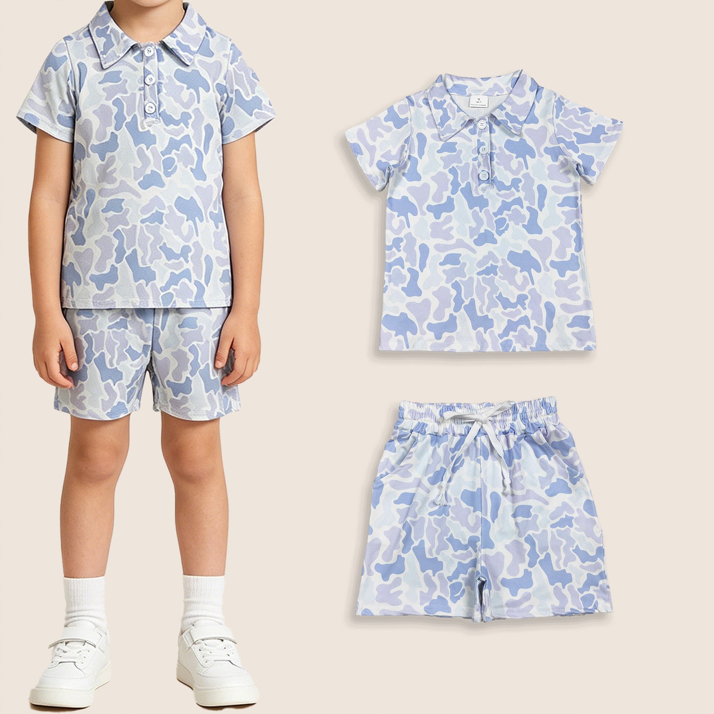 Baby Boys Kids Short Sleeves Buttons Shirt Blue Camo Pockets Shorts Set Clothes