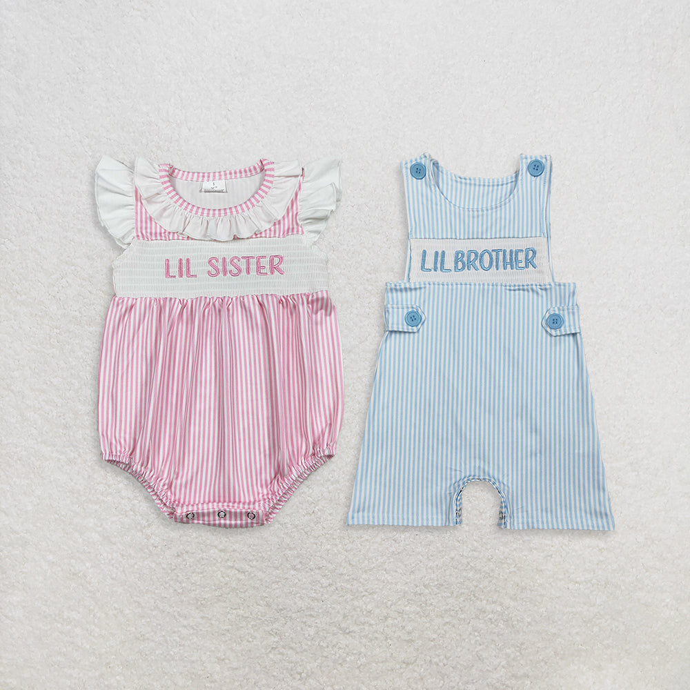 Sibling Baby Boys Girls Infant Little Brother Sister Stripes Embroidery Rompers