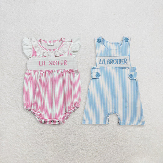 Sibling Baby Boys Girls Infant Little Brother Sister Stripes Embroidery Rompers