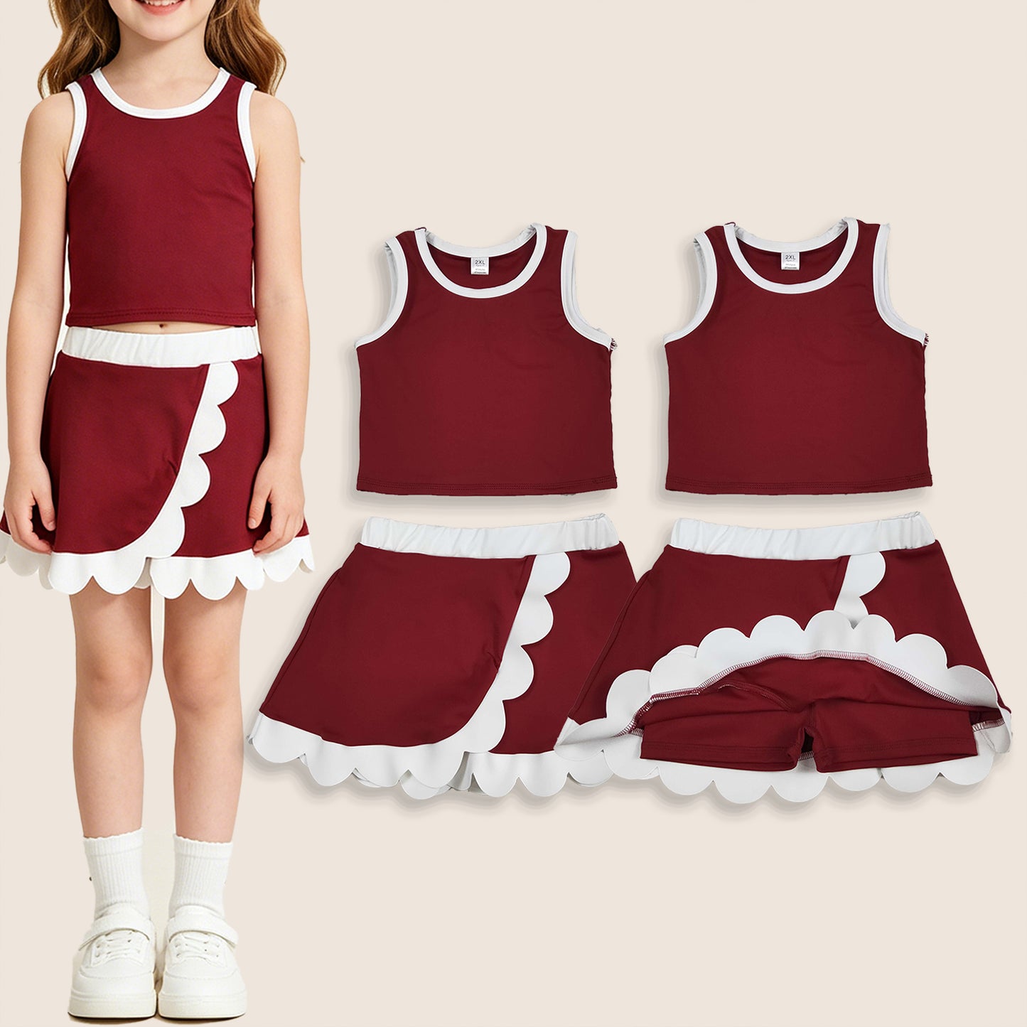 Baby Girls Kids Shirt Scallop Skirt Shorts Yoga Active Dark Red Set Clothes