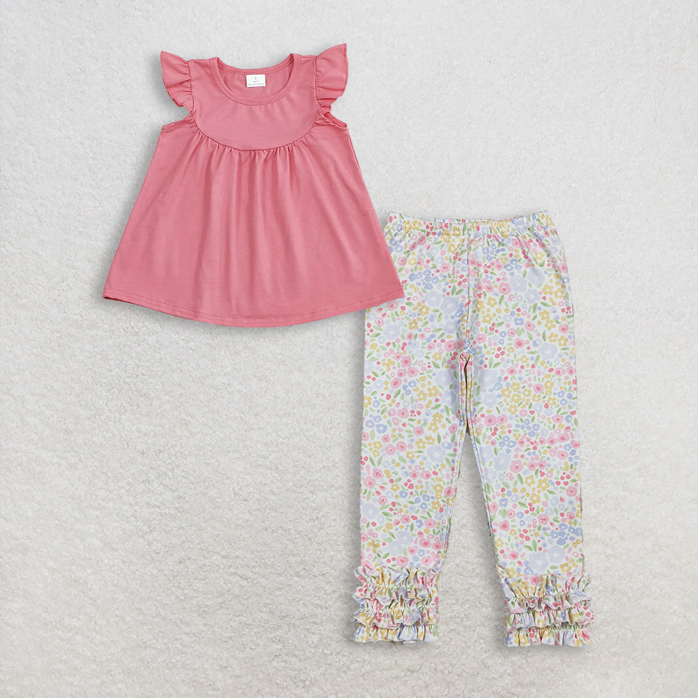 RTS Baby Girl Kids Short Sleeves Cotton Pink Tops Floral Ruffle Pants Set Clothes