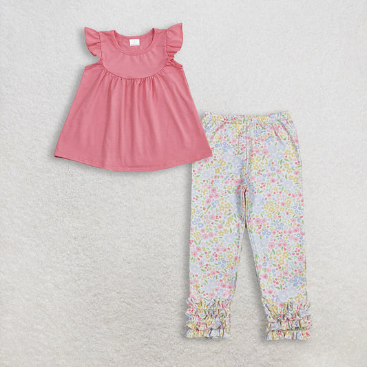 RTS Baby Girl Kids Short Sleeves Cotton Pink Tops Floral Ruffle Pants Set Clothes