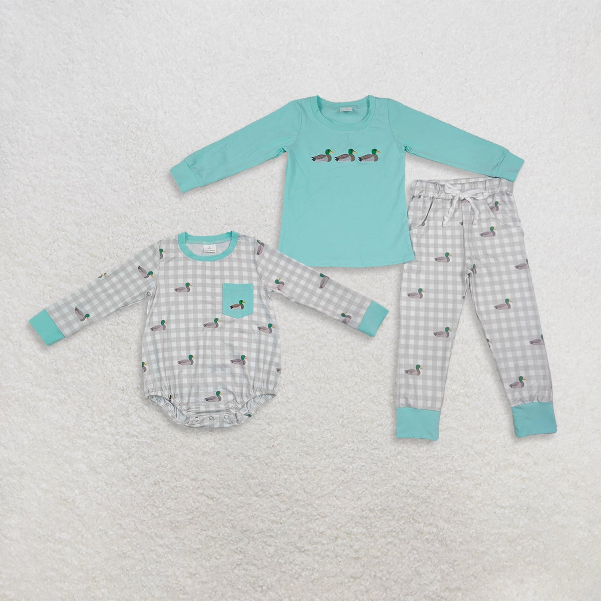 Sibling Baby Boys Kids Long Sleeves Embroidery Ducks Plaid Romper Set Clothes