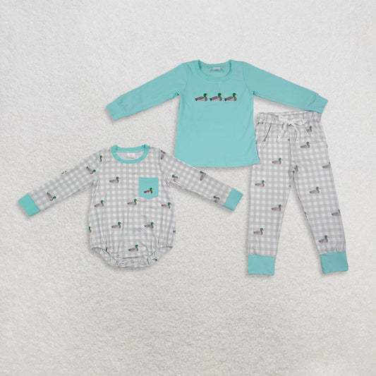 Sibling Baby Boys Kids Long Sleeves Embroidery Ducks Plaid Romper Set Clothes