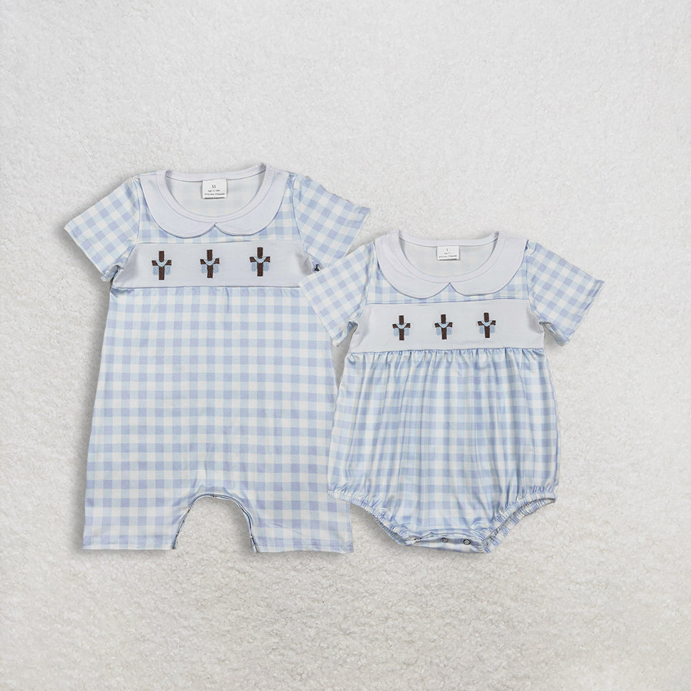 RTS Sibling Baby Boys Infant Embroidery Crosses Blue Plaid Easter Rompers