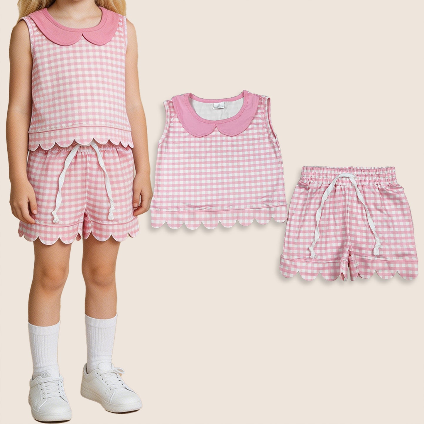 Baby Girls Kids Shirt Scallop Shorts Summer Set Pink Plaid Clothes