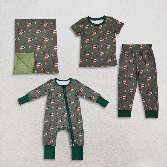 Sibling Baby Boys Kids Ducks Shirts Pants Hunting Romper Pajamas Set Blanket Green Clothes