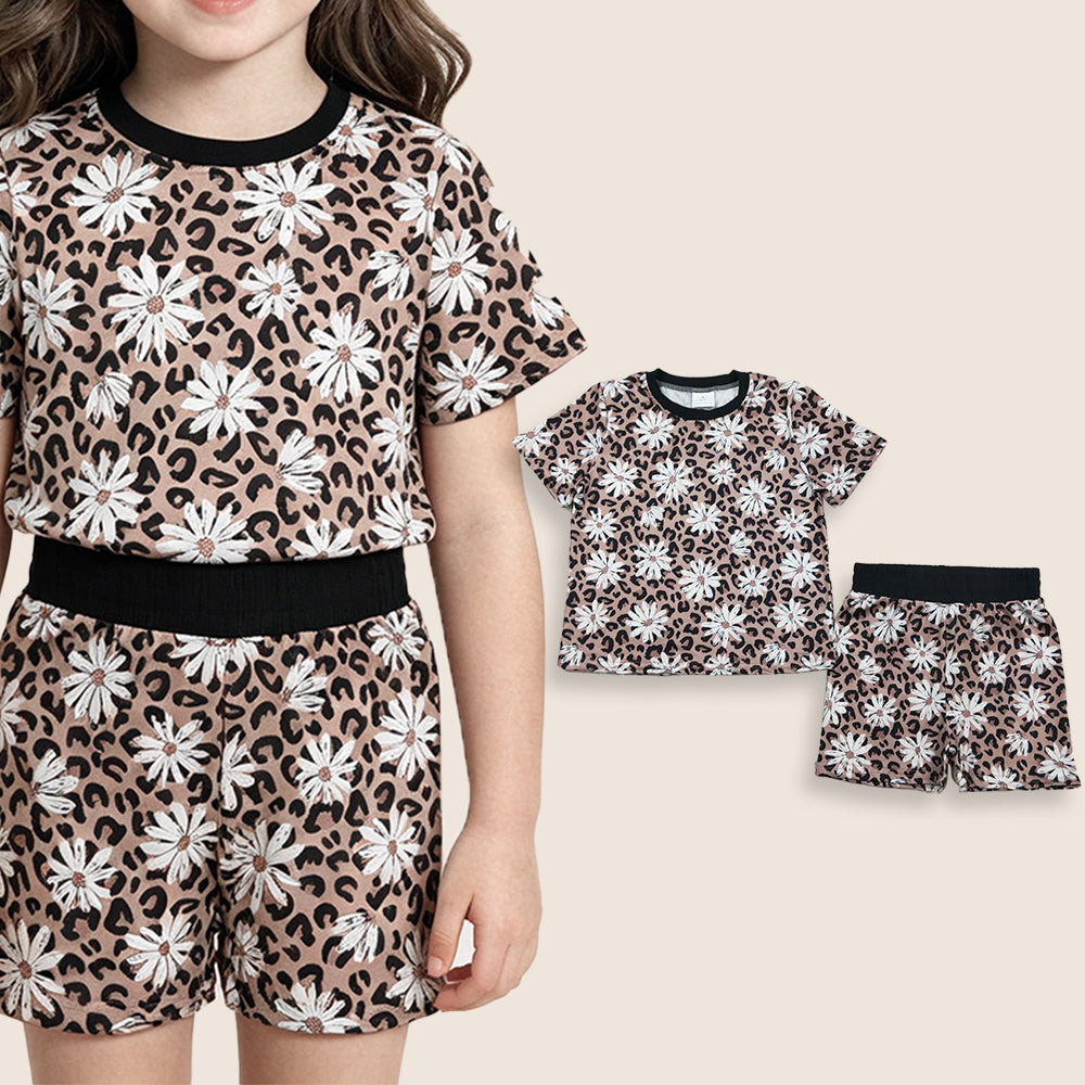 RTS Baby Girls Short Sleeves Leopard Flowers Shirt Shorts Summer Clothes Set