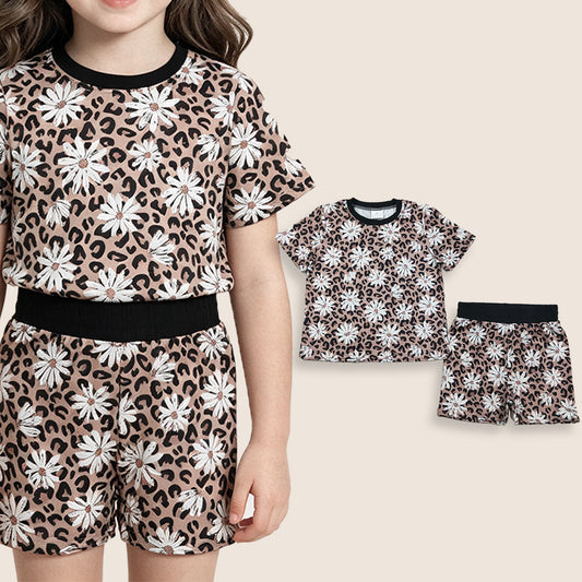 RTS Baby Girls Short Sleeves Leopard Flowers Shirt Shorts Summer Clothes Set