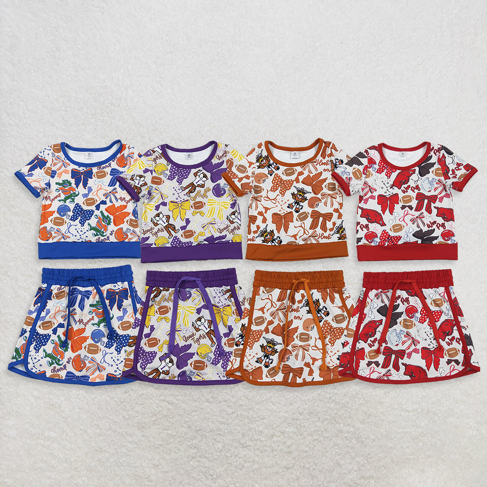 Sibling Baby Girls Toddler Short Sleeves Bows Football Team Shirts Shorts Yoga Sets