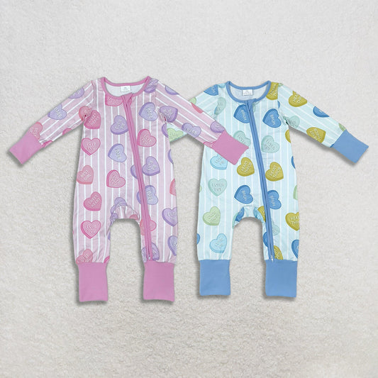 Sibling Baby Boys Girls Kids Long Sleeves Valentine Hearts Stripes Zipper Rompers Set Clothes