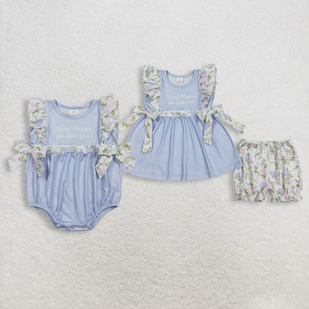 RTS Sibling Baby Girls Kids Thank Heaven Bows Blue Tunic Floral Shorts Set Romper Clothes