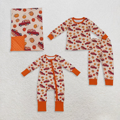 Sibling Baby Boys Boys Kids Long Sleeves Pumpkins Trucks Romper Sets Pajamas Blankets Thanksgiving Clothes