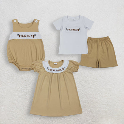 RTS Sibling Baby Boys Girls Embroidery He is Risen Cross Easter Romper Dress Set Clothes