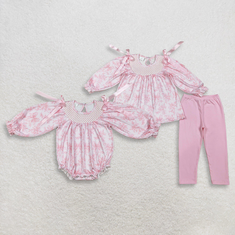 RTS Sibling Baby Girls Kids Long Sleeves Embroidery Flower Pink Bows Romper Sets Clothes