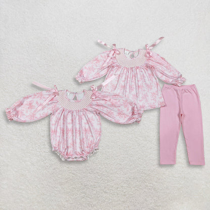 RTS Sibling Baby Girls Kids Long Sleeves Embroidery Flower Pink Bows Romper Sets Clothes