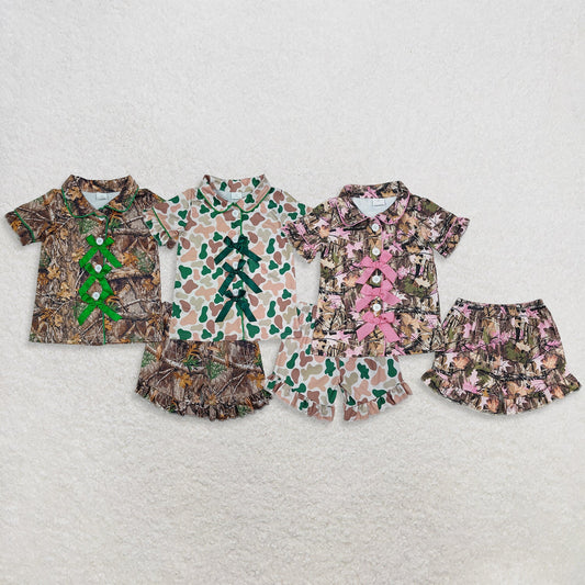 Sibling Baby Girls Kids Bows Buttons Shirts Camo Ruffle Shorts Hunting Pajamas Sets