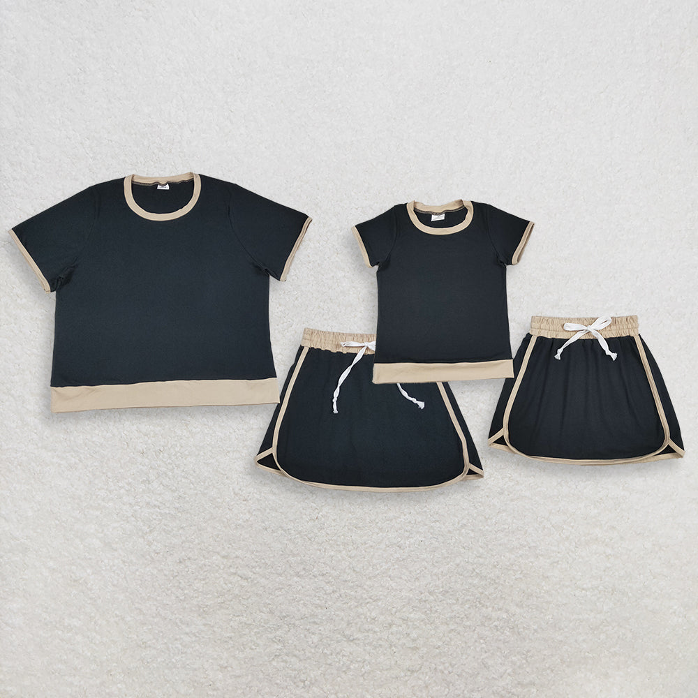 Sibling Baby Girls Adult Women Short Sleeves Black Cotton Shirts Skirts Shorts Sets Summer Clothes