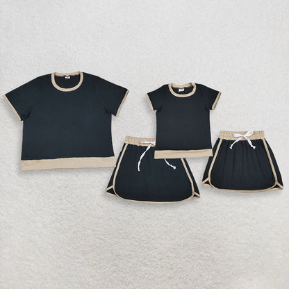 Sibling Baby Girls Adult Women Short Sleeves Black Cotton Shirts Skirts Shorts Sets Summer Clothes