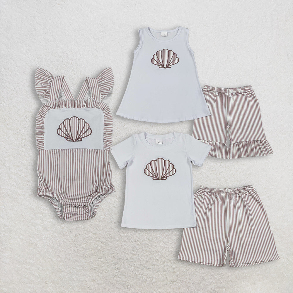 Sibling Baby Boys Girls Kids Embroidery Shell Stripes Romper Set Summer Clothes