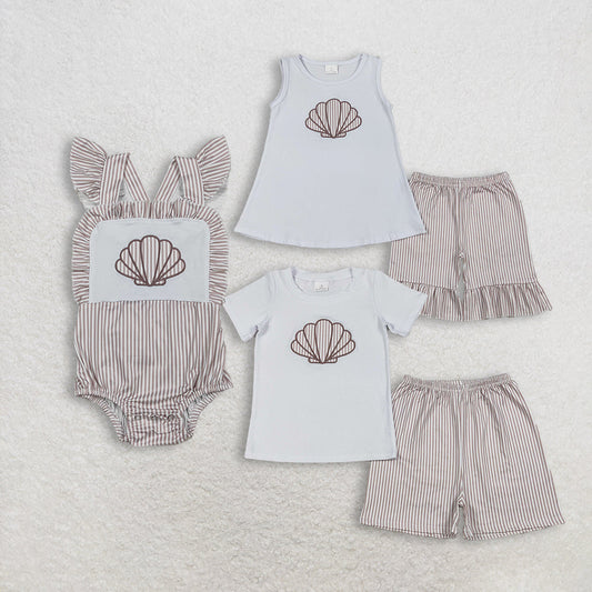 Sibling Baby Boys Girls Kids Embroidery Shell Stripes Romper Set Summer Clothes