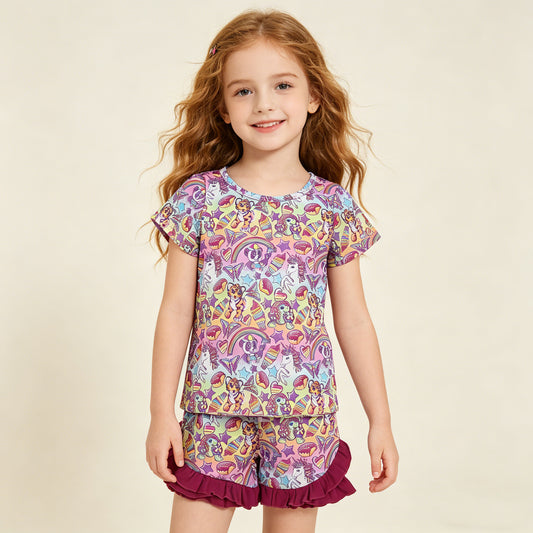 Baby Girls Short Sleeves Animals Shirt Purple Ruffle Shorts Set Clothes