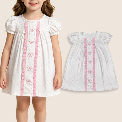 Baby Girls Short Sleeves Embroidery Bows Dots Pink Ruffle Knee Length Dress