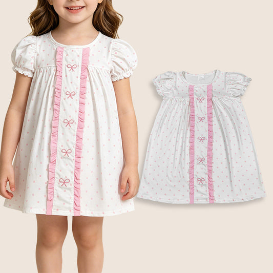 Baby Girls Short Sleeves Embroidery Bows Dots Pink Ruffle Knee Length Dress