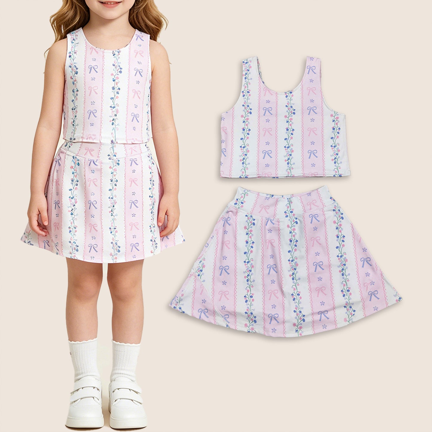 Baby Girl Sleeveless Bows Floral Tops Shorts Skort Yoga Active Wear Set
