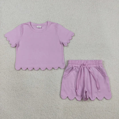 RTS Sibling Baby Girls Adult Women Short Sleeves Lavender Cotton Shirts Shorts Scallop Sets Summer Clothes