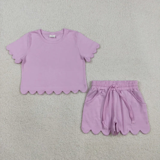 RTS Sibling Baby Girls Adult Women Short Sleeves Lavender Cotton Shirts Shorts Scallop Sets Summer Clothes