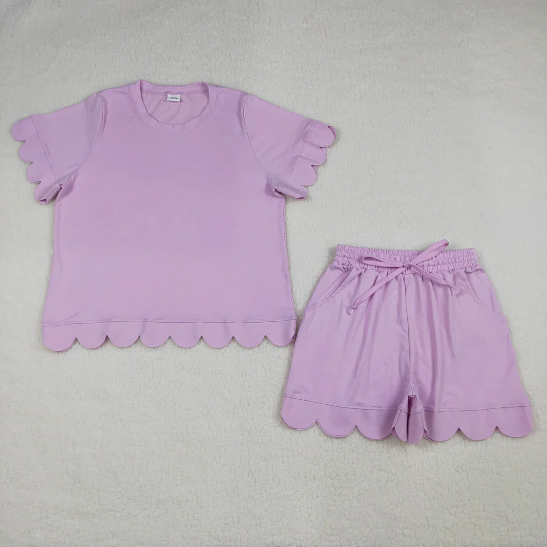 RTS Sibling Baby Girls Adult Women Short Sleeves Lavender Cotton Shirts Shorts Scallop Sets Summer Clothes