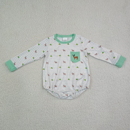 Sibling Baby Boys Long Sleeves Embroidery Ducks Deer Pockets Plaid Bubble Rompers