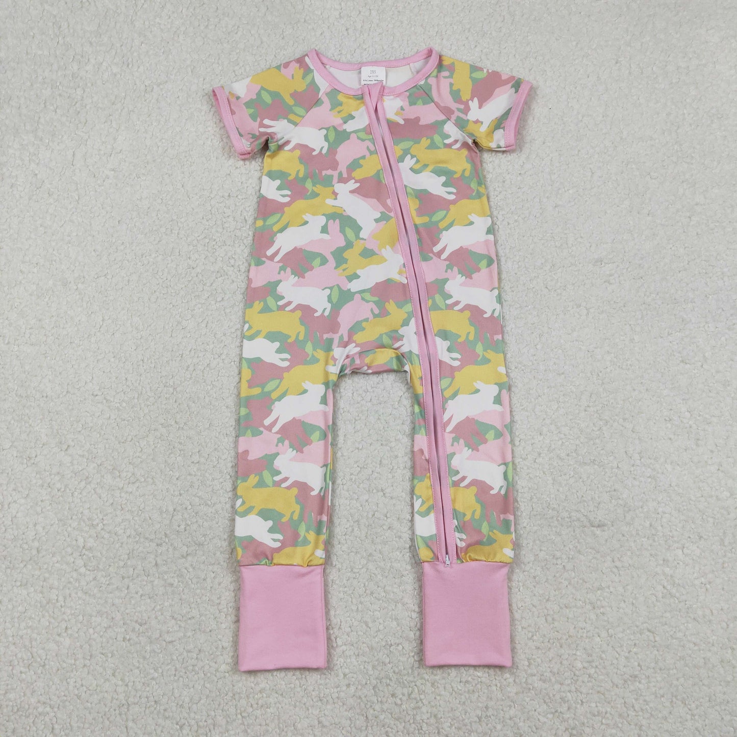 Baby Girls Short Sleeves Rabbits Camo Zipper Footie Easter Romper